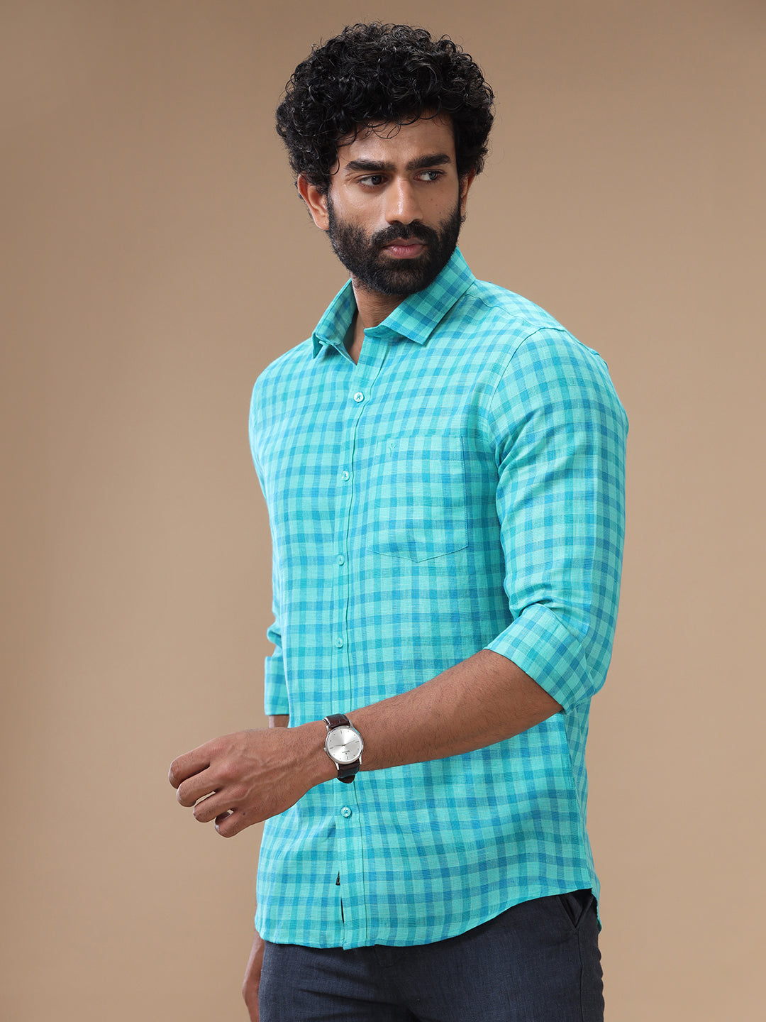 Men Pure Linen Checked Shirt Green LS62
