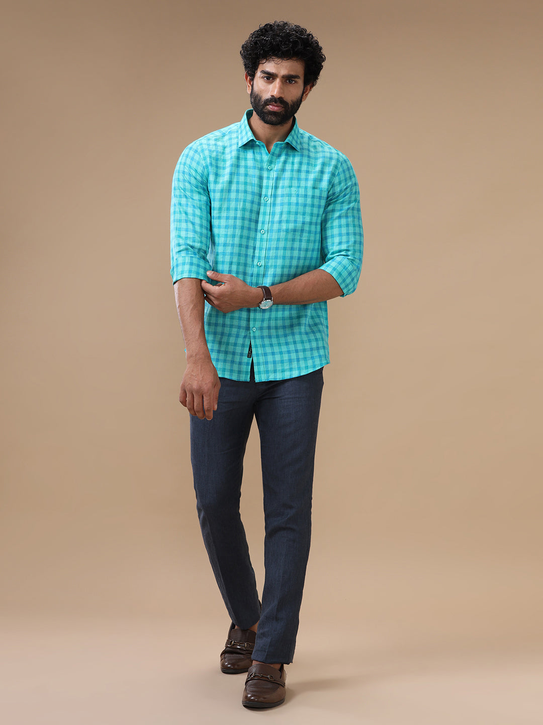 Men Pure Linen Checked Shirt Green LS62