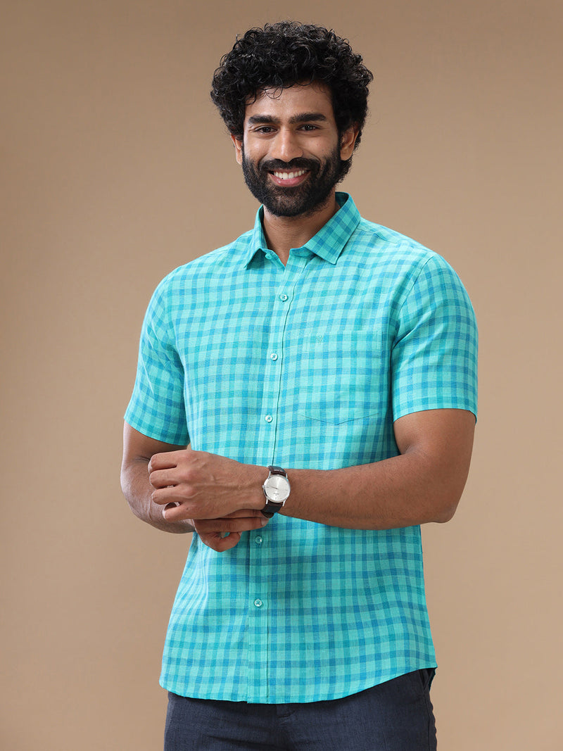 Men Pure Linen Checked Shirt Green LS62