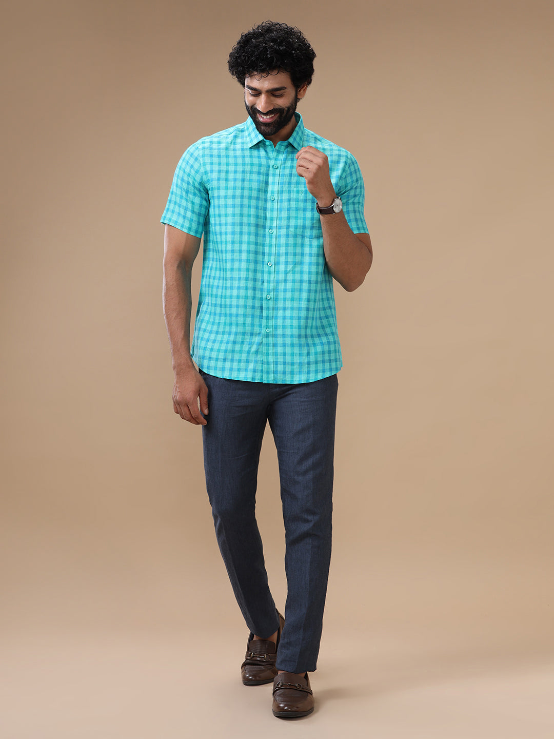 Men Pure Linen Checked Shirt Green LS62
