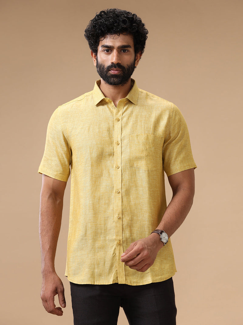 Mens Pure Linen Shirt Yellow L91