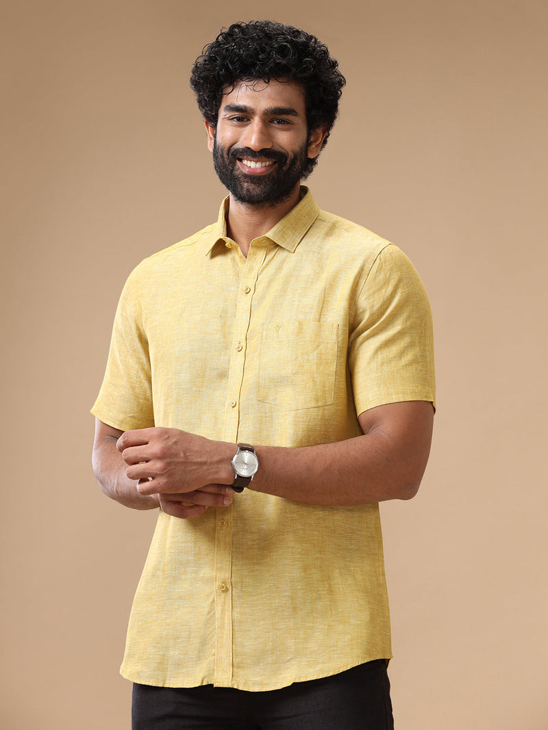 Mens Pure Linen Shirt Yellow L91