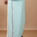 Men Cotton Blend Single Layer Green Dhoti with Silver Jari Border