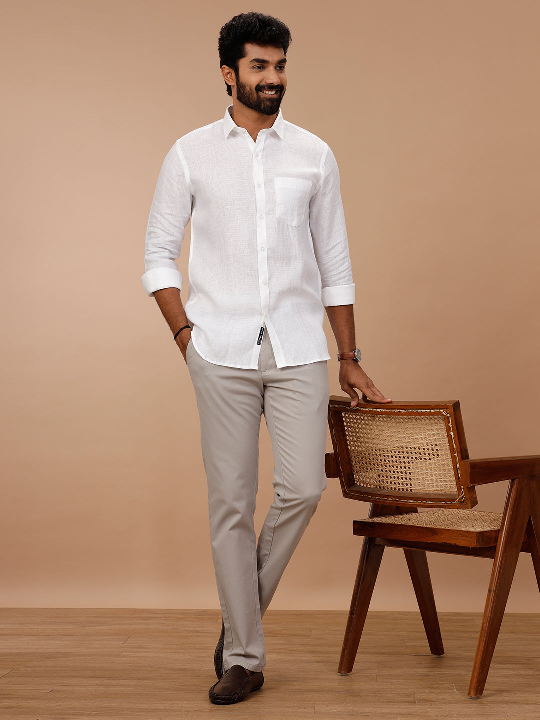 Men Pure Linen White Shirt with Self Design 1546JF
