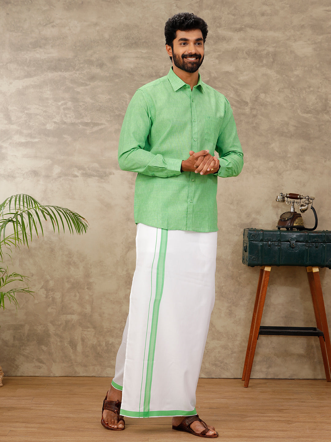 Men Matching Dhoti & Full Sleeves Shirt Set Green CC6