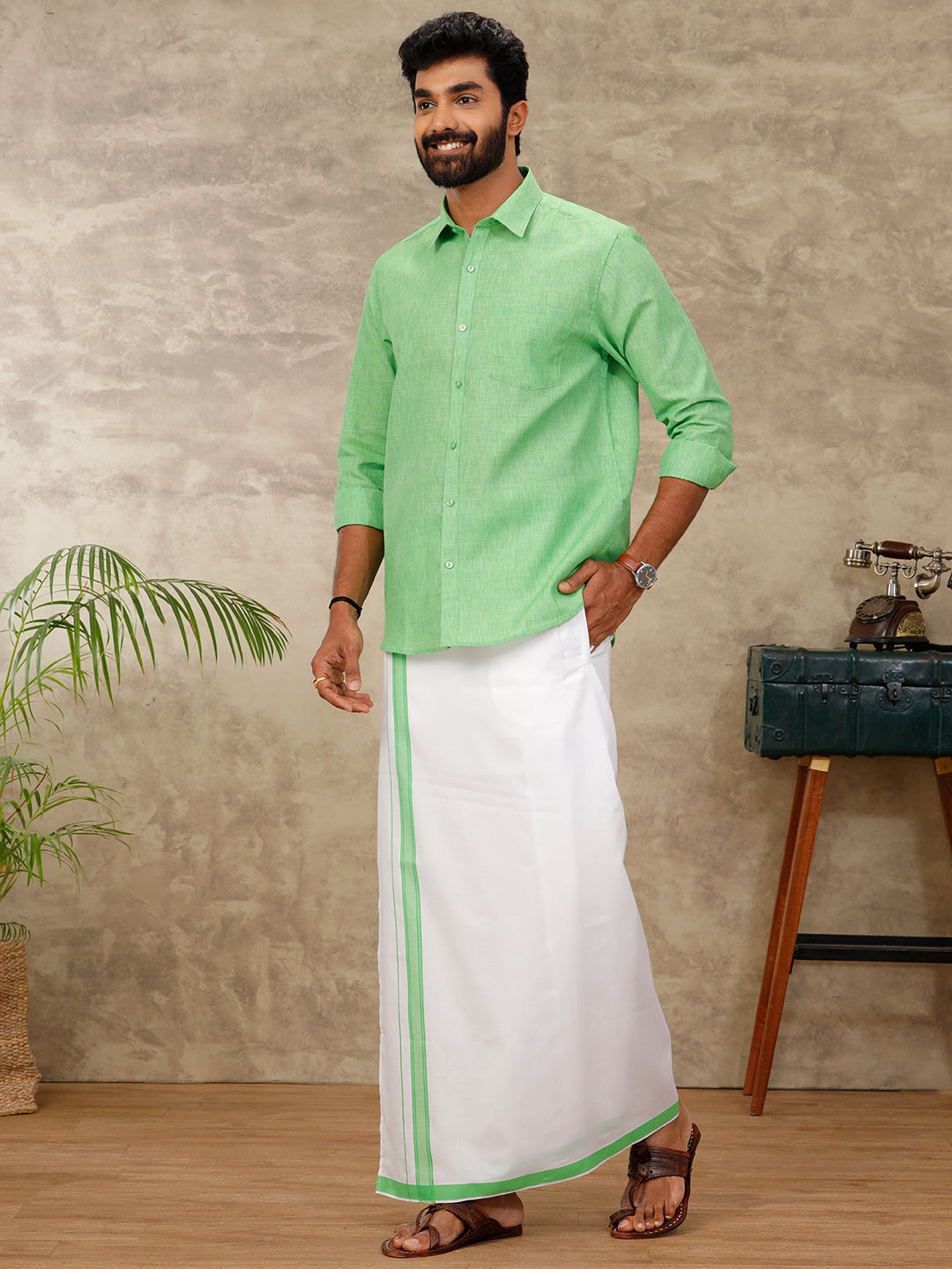 Men Matching Dhoti & Full Sleeves Shirt Set Green CC6