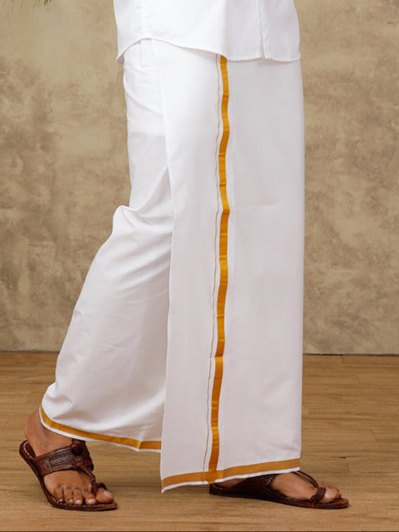 Men 100% Cotton Single Layer White Dhoti with 1/2" Gold Jari Border Pushkar (Pack of 2)