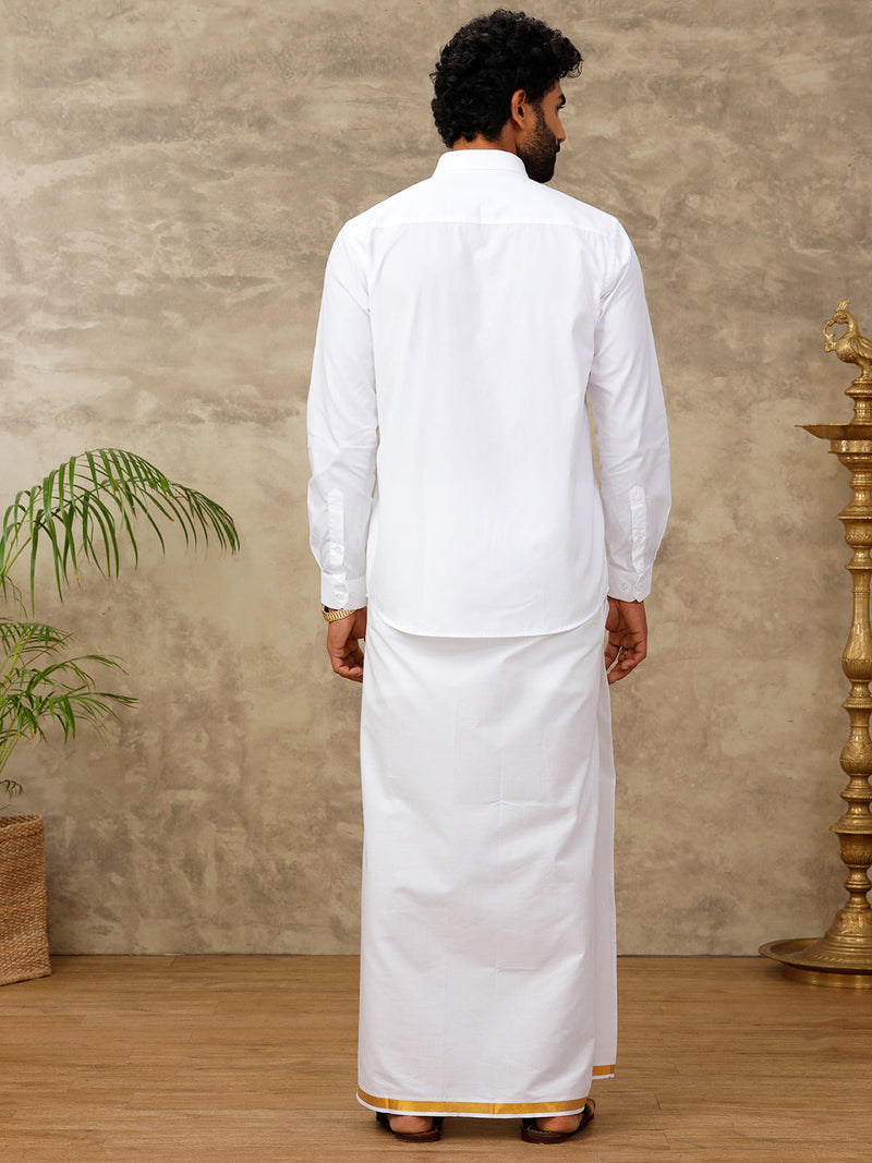 Men 100% Cotton Single Layer White Dhoti with 1/2" Gold Jari Border Pushkar (Pack of 2)