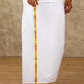 Men 100% Cotton Single Layer White Dhoti with 1/2" Gold Jari Border Pushkar (Pack of 2)