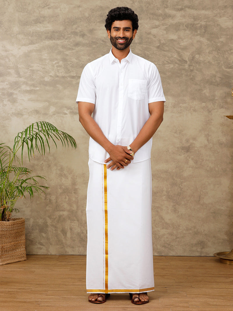 Men Cotton Blend Readymade Single Layer White Dhoti with Gold Jari Border Genxt