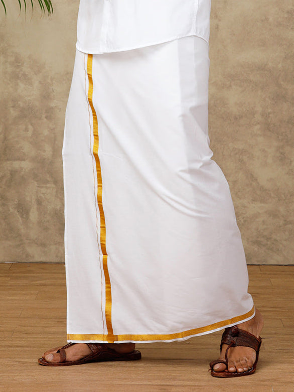 Men Cotton Blend Readymade Single Layer White Dhoti with Gold Jari Border Genxt