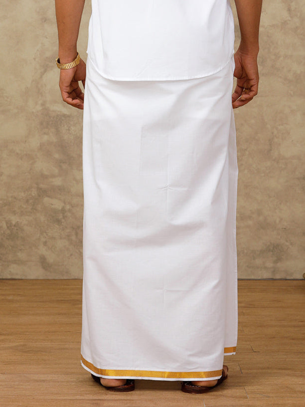 Men Cotton Blend Readymade Single Layer White Dhoti with Gold Jari Border Genxt