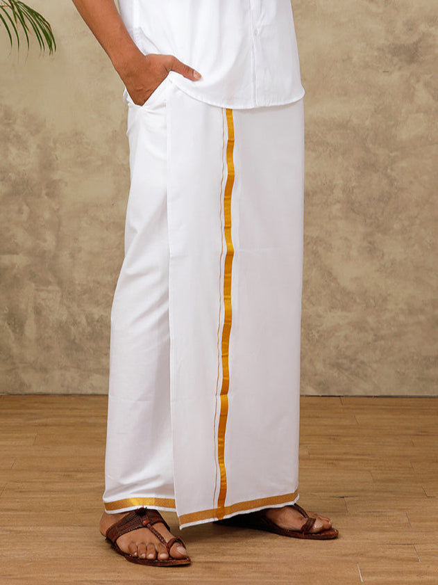 Men Cotton Blend Readymade Single Layer White Dhoti with Gold Jari Border Genxt