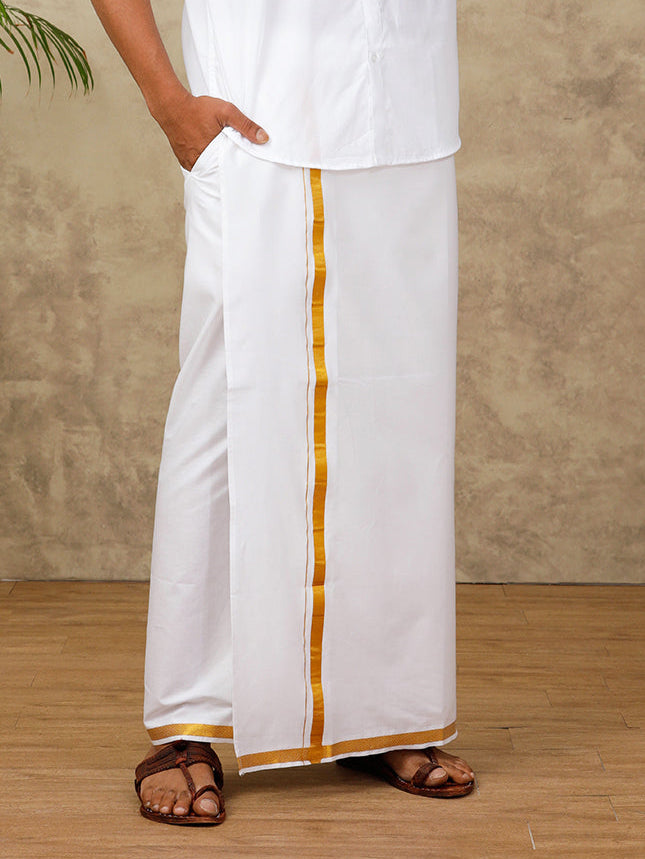 Men Cotton Blend Readymade Single Layer White Dhoti with Gold Jari Border Genxt