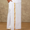 Men Cotton Blend Readymade Single Layer White Dhoti with Gold Jari Border Genxt