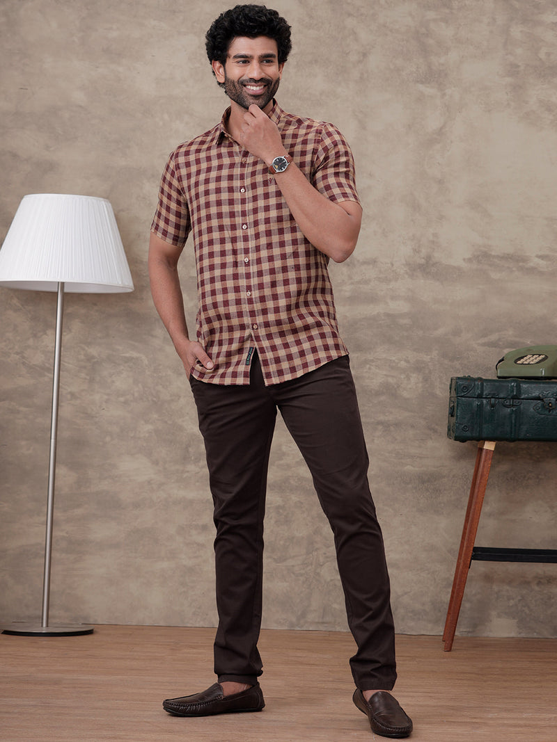Men Pure Linen Checked Shirt Peacock Maroon Brown LS81