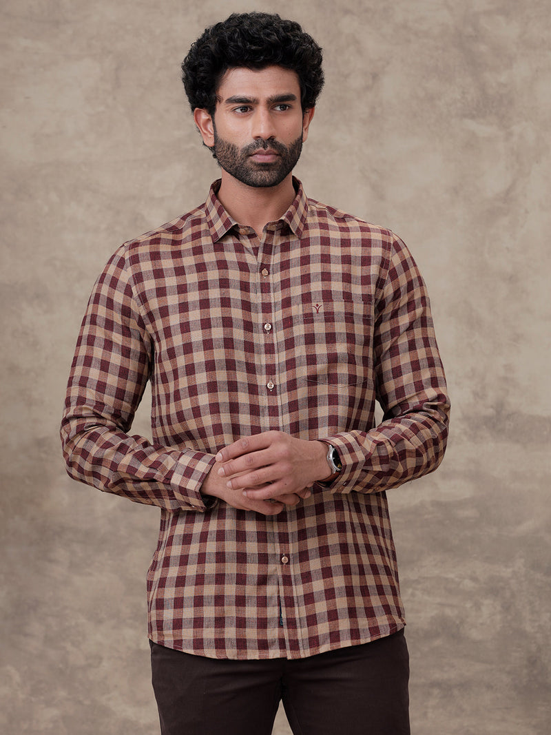 Men Pure Linen Checked Shirt Peacock Maroon Brown LS81
