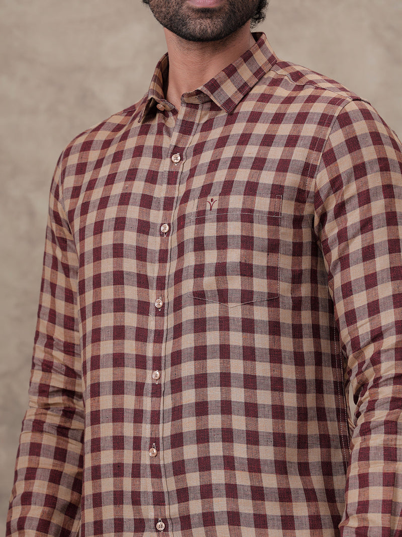 Men Pure Linen Checked Shirt Peacock Maroon Brown LS81