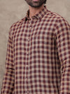 Men Pure Linen Checked Shirt Peacock Maroon Brown LS81