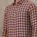 Men Pure Linen Checked Shirt Peacock Maroon Brown LS81