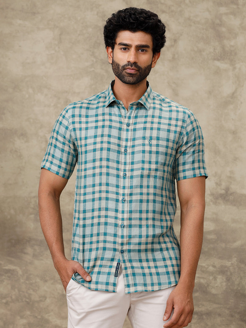 Men Pure Linen Checked Shirt Peacock Green LS75