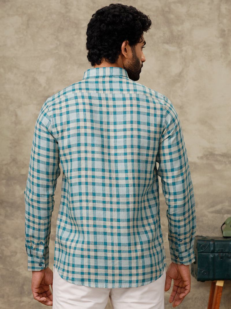 Men Pure Linen Checked Shirt Peacock Green LS75