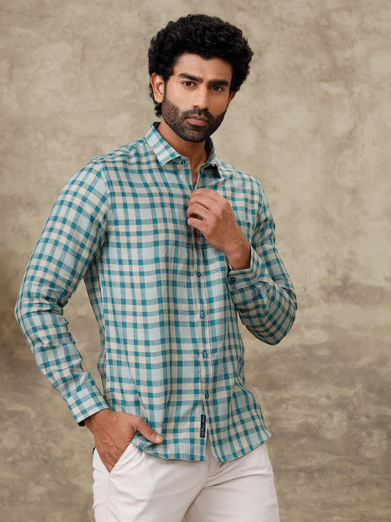 Men Pure Linen Checked Shirt Peacock Green LS75