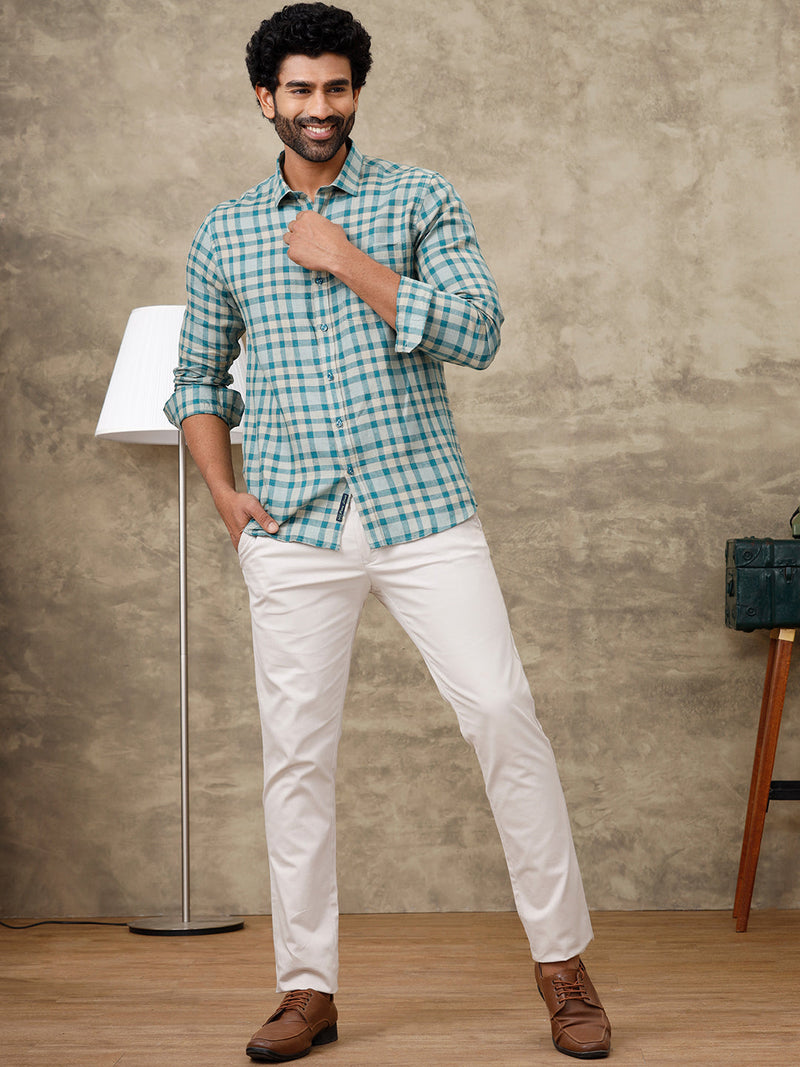 Men Pure Linen Checked Shirt Peacock Green LS75