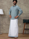 Men Pewter Grey Shirt With Matching Border Dhoti Set Trendy