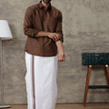 Men Dark Brown Shirt With Matching Border Dhoti Set Evolution