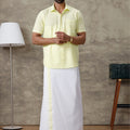 Men Laser Lemon Shirt With Matching Border Dhoti Set Trendy