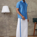 Men Jordy Blue Shirt With Matching Border Dhoti Set Trendy