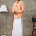Men Peach Shirt With Matching Border Dhoti Set Trendy