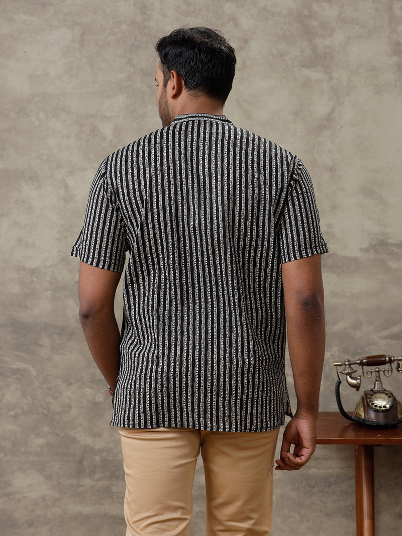 Men Cotton Short Length Striped Pocket Kurta Black OE4