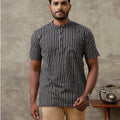 Men Cotton Short Length Striped Pocket Kurta Black OE4