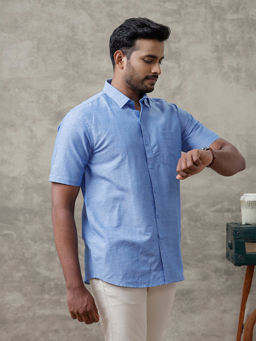 Men Linen Cotton Shirt Blue LF4