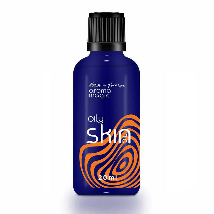 Blue bottle of 'Oly Skin' with orange design on a white background