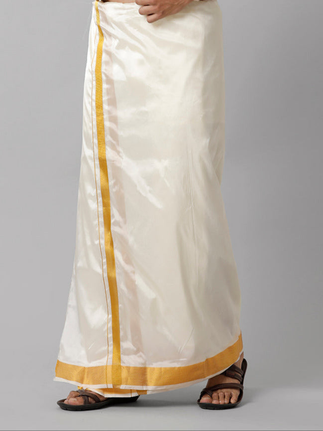 Men Art Silk Double Layer Cream Dhoti with 3/4 Gold Jari Border Yoga