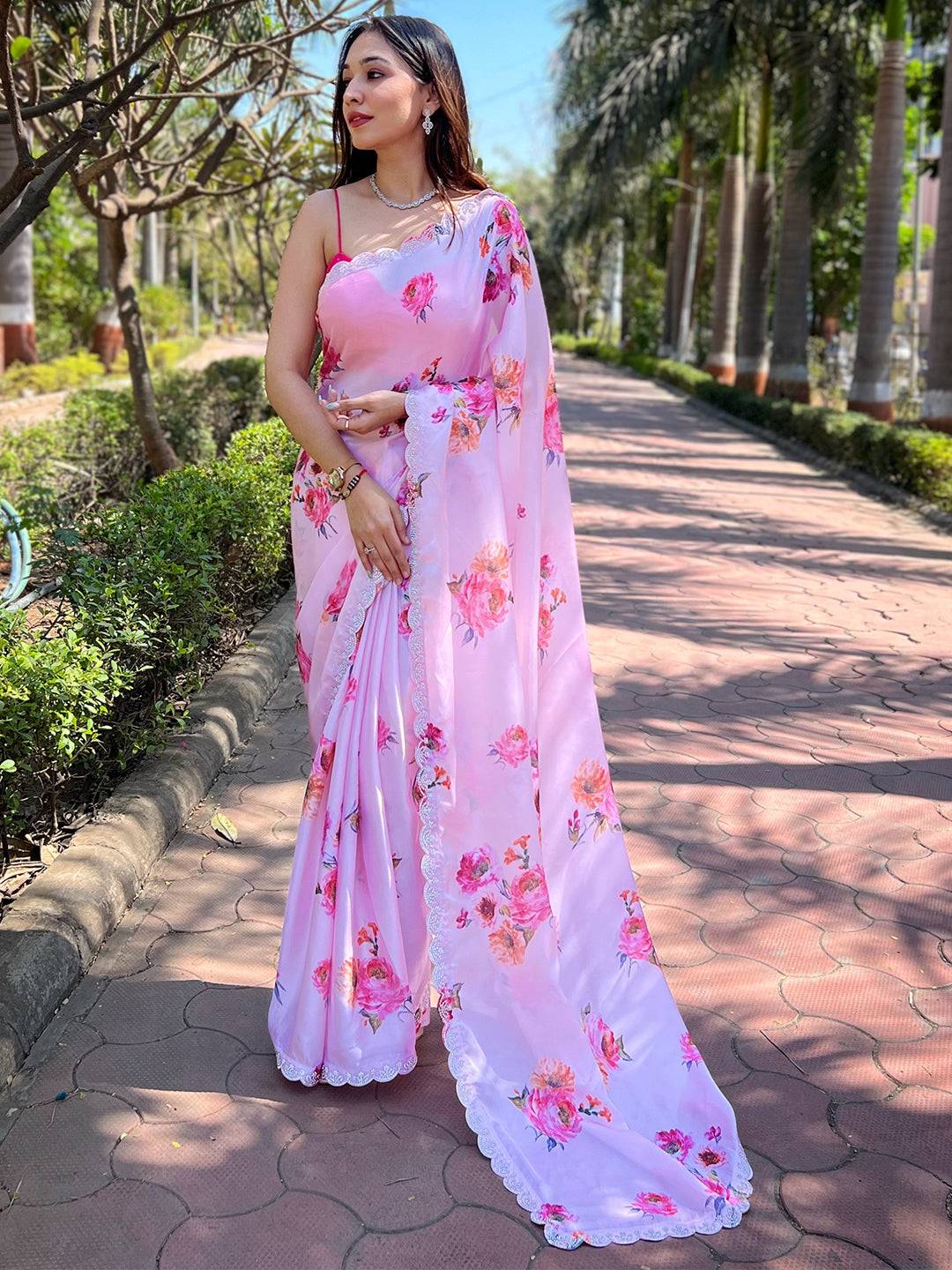 Pink Pure Satin Georgette with Zircon Swarovski Border Saree