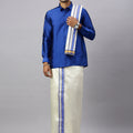 Men Full Sleeves Poster Blue Shirt with Matching Border Cream Dhoti & Towel Set K5