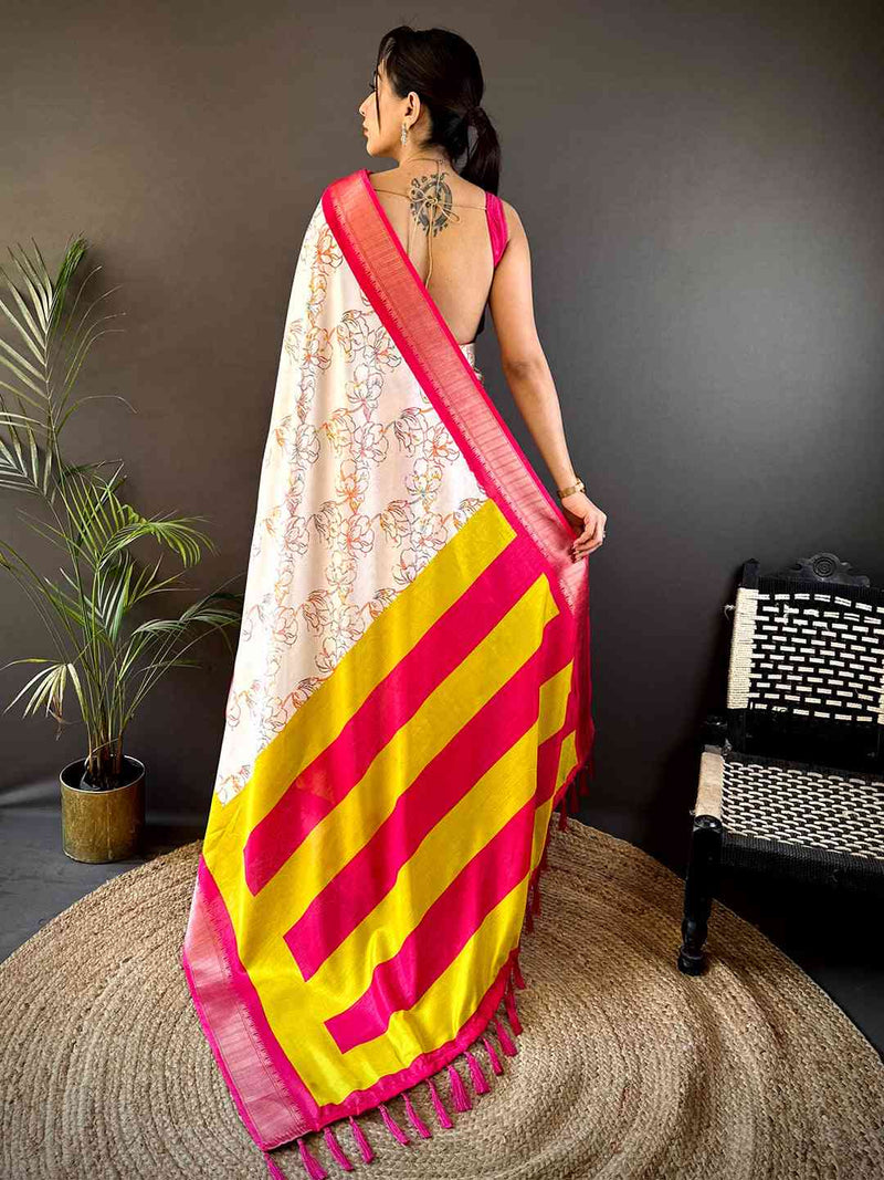 White Dola Silk Bird Print Saree