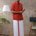 Men Red Matching Border Dhoti & Half Sleeves Shirt Set Evolution IC5