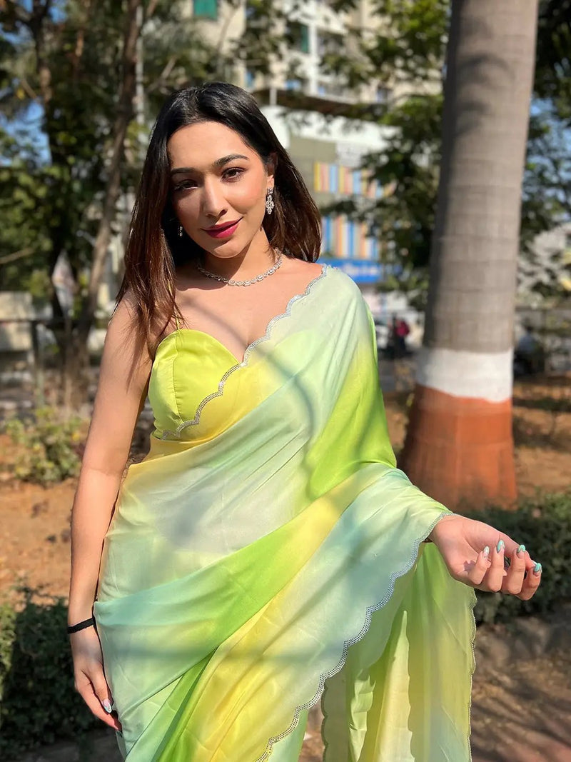 Pista Satin Georgette Saree