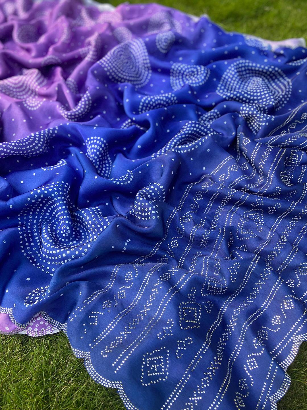 Lavender Georgette Silk Saree with Ombre Bandhej Print & Swaroski Stone Work