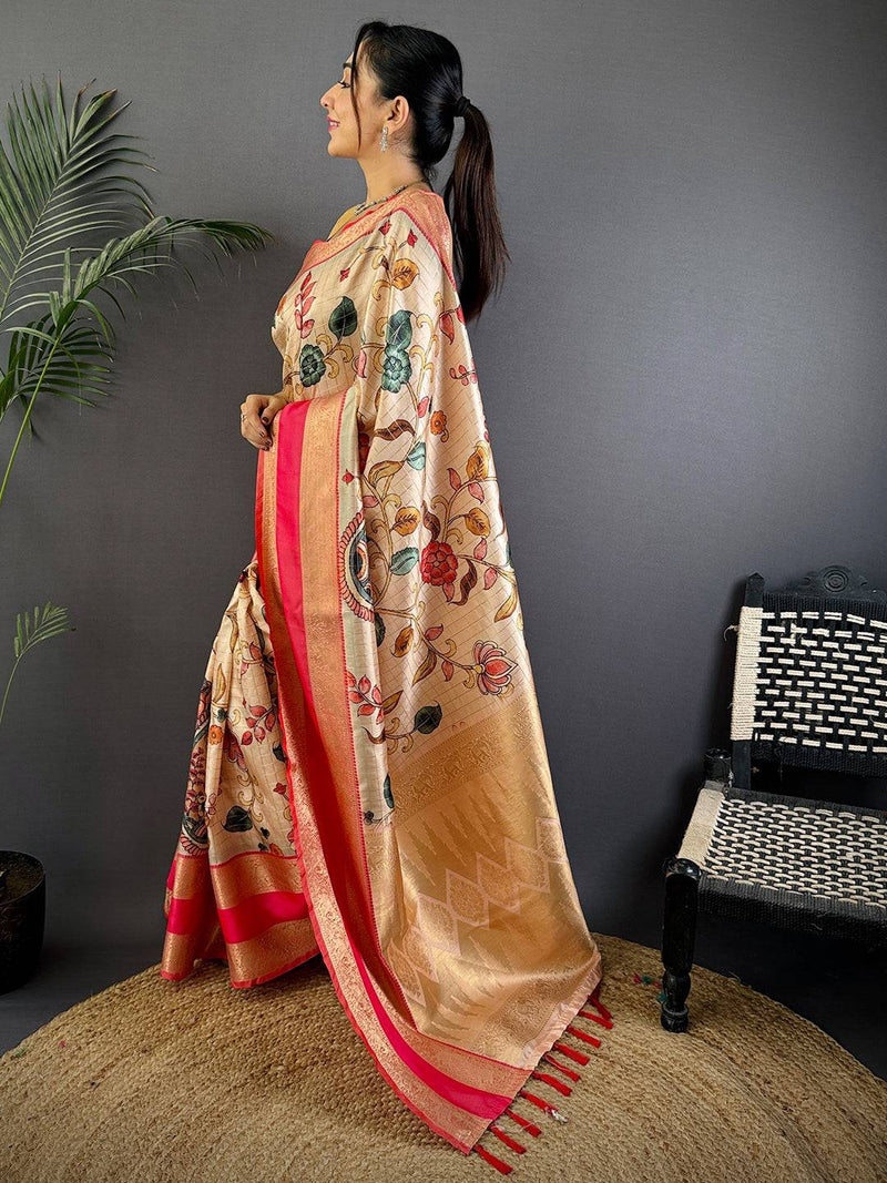 Cream Soft Silk Gadwal Kalamkari Saree