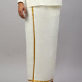 Men Cream with 3/4" Gold Jari Border Readymade Double Layer Dhoti C198