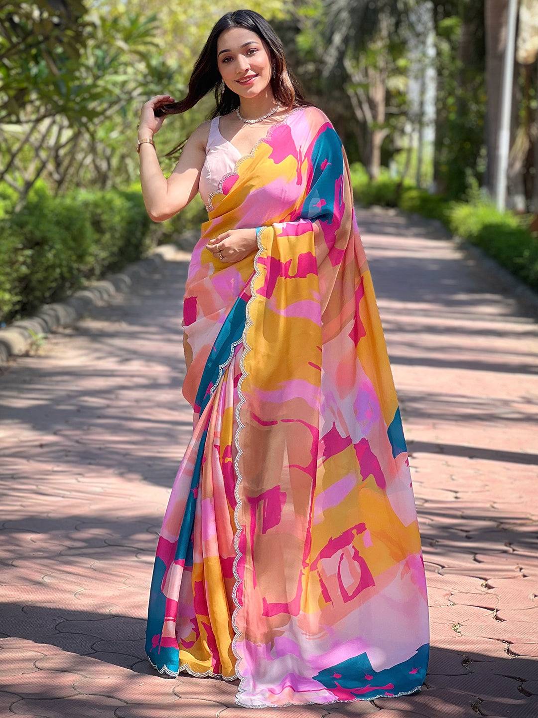 Multi Satin Georgette Floral Print Saree