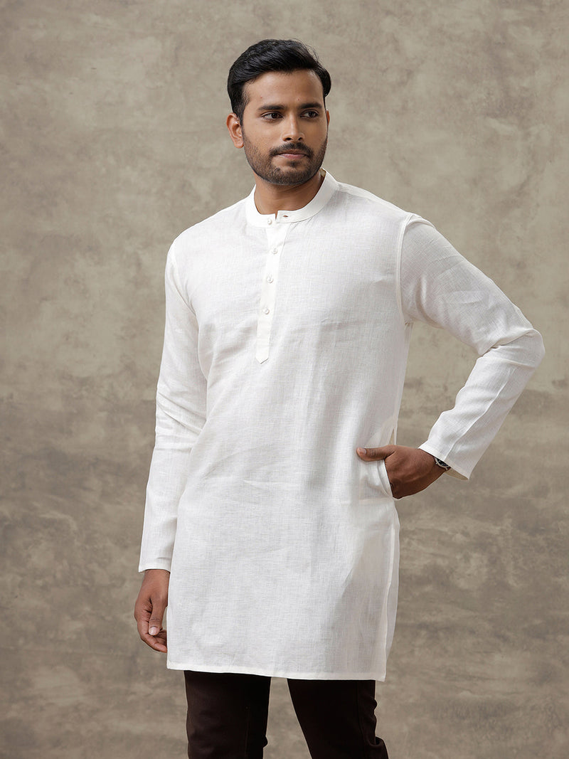 Men Linen Medium Length Kurta Cream KAL21