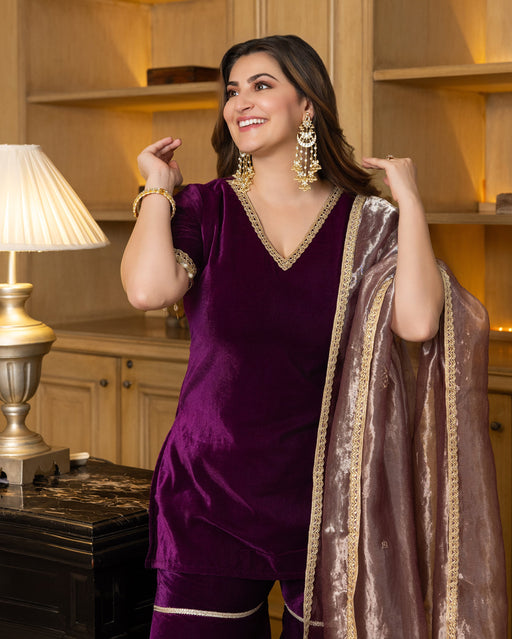 Jawahar Purple Solid Velvet Sharara Set