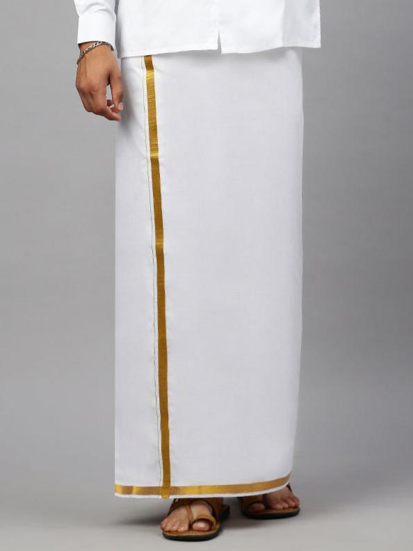 Men 100% Cotton Single Layer White Dhoti with 3/4" Gold Jari Border Aruthra